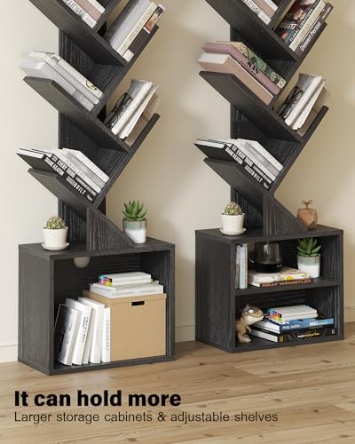 SUNMORY 6 Tier Tree Bookshelf, Tall Small Bookcase with Storage Cabinet