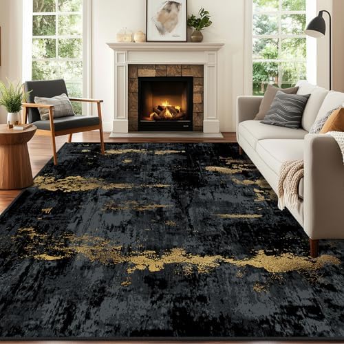 RELEANY Washable 7'x9' Abstract Area Rug for Living Room Black Gold