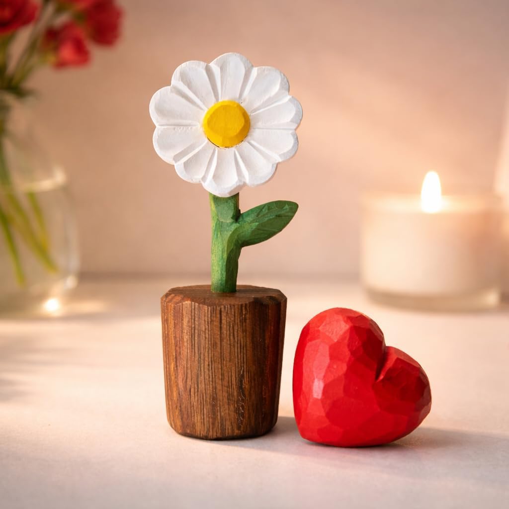 Hand-Carved Wooden Flower / White Daisy