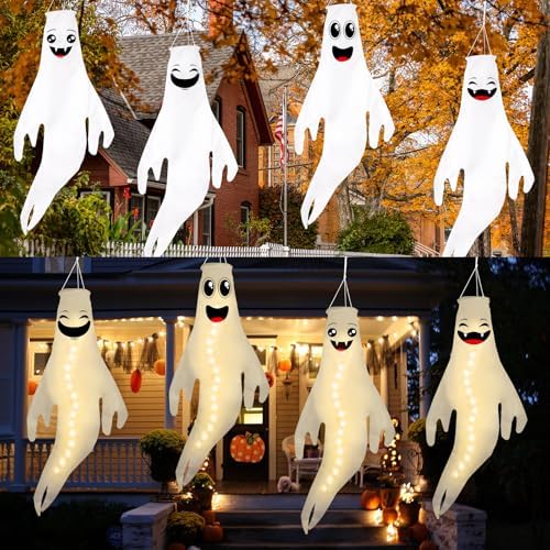 Geefuun 4PCS Warm Light Halloween Cute Ghost Windsocks Hanging Decorations - 43 Inch Flag Wind Socks for Home Yard Outdoor Decor Party Supplies (Batteries Not Included,No Timer)