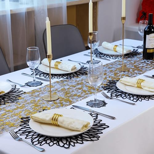 Snowkingdom Pack of 18 Black Placemats Washable Pressed Vinyl Laser Cut Dining Table Mats Round Floral Charger Decoration for Christmas Halloween Thanksgiving Wedding
