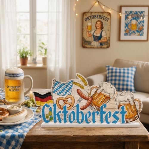 Smile Oktoberfest Wooden Standing Decor, German Flag Pretzel Beer Mug Tiered Tray Tabletop Signs with Stands for Home Bar Party Decor