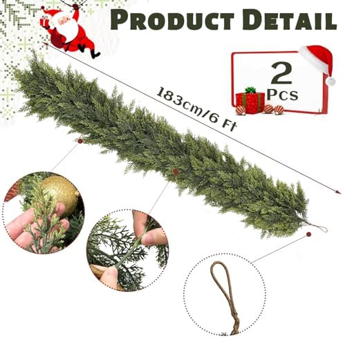 2 Pack 6Ft Christmas Garland, Real Touch Cedar Garland