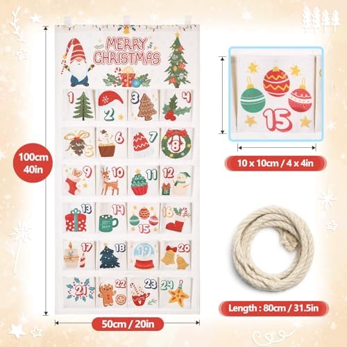 Naler Christmas Hanging Advent Calendar 2026, 24 Pockets, 50X100CM