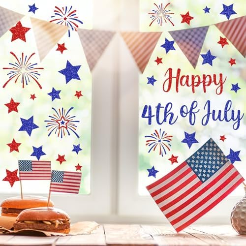 Whaline 6 Sheets Patriotic Window Clings Glitter Happy 4th of July Reusable Window Decals Red Blue Star Firework Glass Sticker for 250th Anniversary Independence Day Memorial Day Home Party Decor