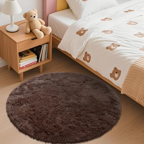 OLANLY Coffee Round Rugs for Bedroom - Machine Washable, 3 ft Circle Area Rugs for Living Room, Soft and Fluffy Shaggy