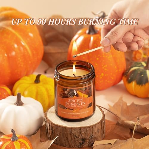 Fall Candle, Spiced Pumpkin Scented Candles for Home, Natural Soy Autumn Candle Aromatherapy Candle, 7 oz Jar Candles