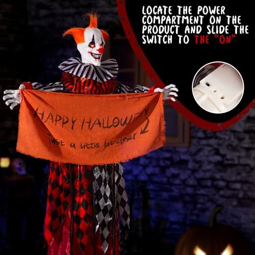 Halloween Animatronics 5ft Hanging Clown, 60inch Floating Animated Clown Decorations with Banner, Sound Activated, Creepy Voice, Light Up Eyes, Scary Move, Spooky Horror Prop for Indoor, Outdoor