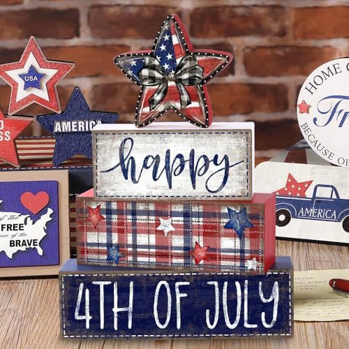 DIYDEC 4Pcs Memorial Day Table Decor 4th of July Patriotic Wood Signs Independence Tiered Tray Decor America Red Blue Centerpieces Signs for Farmhouse Holiday Tabletop Home Party Decoration