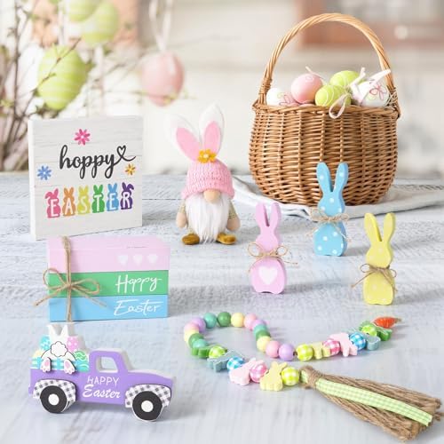 8PCS Easter Tiered Tray Decor, Spring Home Decor Set for Table,Wood with Bunny, Gnome, Truck, Happy Easter Sign & Accessories, Farmhouse Fireplace Mantle Decor, Home Kitchen Decorations Easter Gift Idea