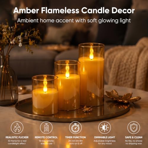 Homemory Amber Flameless Candles, Battery Operated Acrylic LED Pillar Candles with Remote Timer, Realistic Flickering Fake Candles for Home Decor, Thanksgiving, Christmas, Wedding, Set of 3