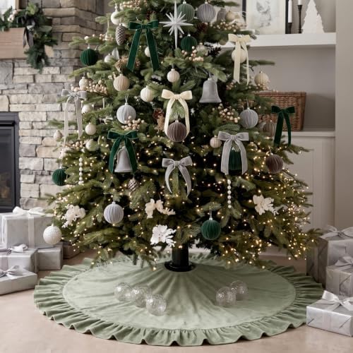 Velvet Christmas Tree Skirt, 60 Inches, Bow Style, Sage Green