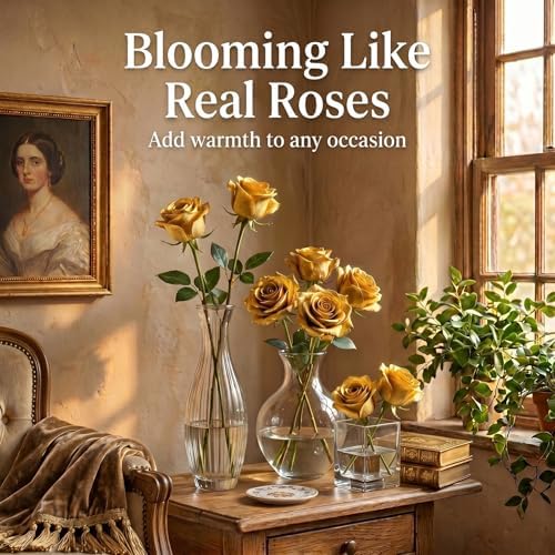 60 Pcs Gold Silk Artificial Roses Flowers Real Looking Silk Faux Roses Bulk Long Stems for Wedding Centerpieces,DIY Floral Arrangements,Home Decor,Anniversary,Valentine's Day