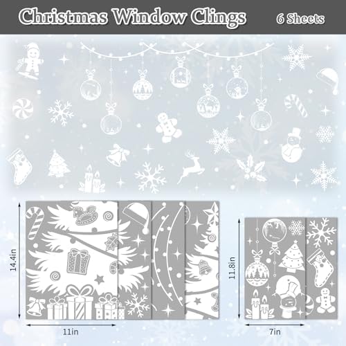 Whaline 6 Sheets Large Christmas Window Clings White Xmas Tree Ornament Reusable Anti-Collision Windows Decals for Winter Home School Office Party Decor Supplies