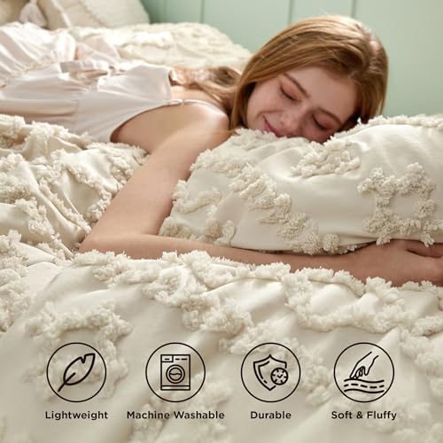 Bedsure Tufted Boho Comforter Set Twin Size - Beige Boho Bed Set, GentleSoft™ 2 Pieces Farmhouse-Style Embroidery