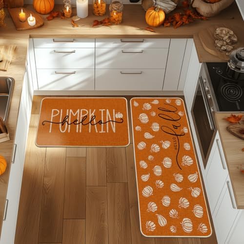 Artoid Mode Orange Hello Pumpkin Fall Kitchen Mats Set of 2-24x35+24x59