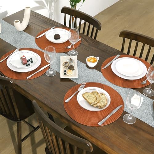 SHACOS Round Placemats Set of 6 Washable 15 inch Round Placemat Cotton Polyester Woven Braided Table Place Mats for Dining Table Decor, Dark Orange