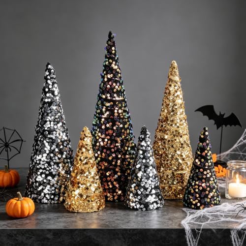 6 PCS 12" 10" 6" Christmas Sequin Cone Tree Decorations Black Gold Silver Glitter Tabletop Small Trees Tiered Tray Ornament for Xmas Gothic Halloween Farmhouse Mantel Shelf Table Home Party Tree Decor