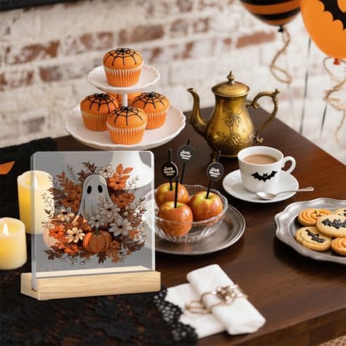 Cute Halloween Home Decor Halloween Decorations Flowers Pumpkin Ghost Acrylic Sign Party Decorations for Home Room Office Desk Decor Gifts for Women