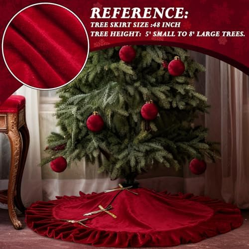 Velvet Christmas Tree Skirt, 48 Inches, Bow Style, Red