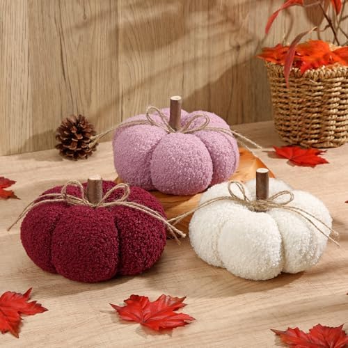 6" Fake Fall Pumpkin Decorations for Home, 3 Pcs Artificial Big Fabric Pumpkins Autumn Decor Faux Pumpkins for Decorating, Fall Table Centerpiece Baby Shower, Halloween Thanksgiving, Burgundy & Pink