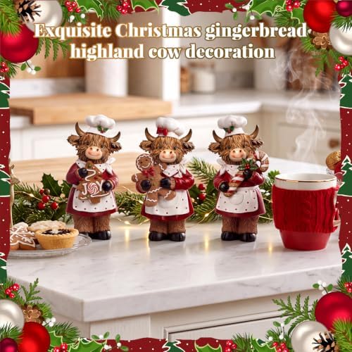 3 Pcs Christmas Highland Cow Figurine, Gingerbread Cookies Decor