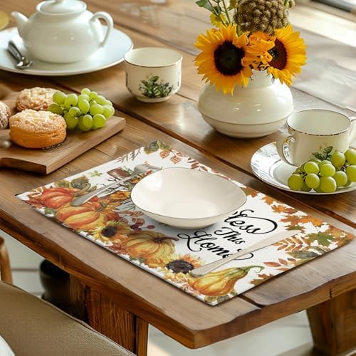 Fall Cross Pumpkin Placemats Set of 4 Autumn Thanksgiving Harvest Sunflower Maple Leaf Orange Linen Table Mats Seasonal Farmhouse Decorative Place Mat for Party Kitchen Dining Decor