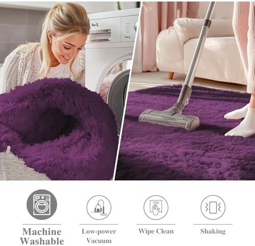 OLANLY Dark Purple Round Rugs for Bedroom - Machine Washable, 3 ft Circle Area Rugs for Living Room, Soft and Fluffy