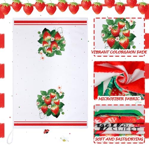 Sratte 6 Pcs Strawberry Kitchen Towels Gnome Summer Hand Towel, 24x16 Inch