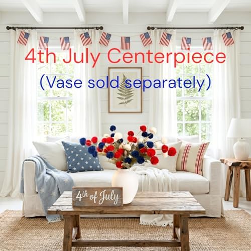 Red White and Blue Artificial Flower Arrangement 12 Stems with American Flag, 4th of July Table Decorations Centerpiece