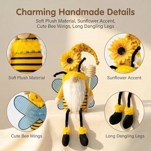 Lovinland Spring Decorations for Home, Office, Indoor - Yellow Honey Bumble Bee Sunflower Plush Gnomes Doll - Summer Gnome Gifts for Women - Bee Stuffed Sitters for Shelf Decor (Spring-Bee)
