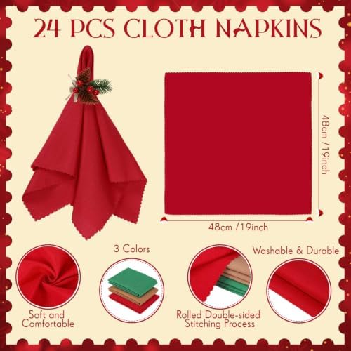 LemonRoad 36 Pcs Christmas Cloth Napkins and Napkin Ring Holders, Reusable Fabric with Pine Needle Red Fruit Napkin Rings for Xmas Table Decor, Banquet, Holiday Dinner Party, Wedding Party Supplies