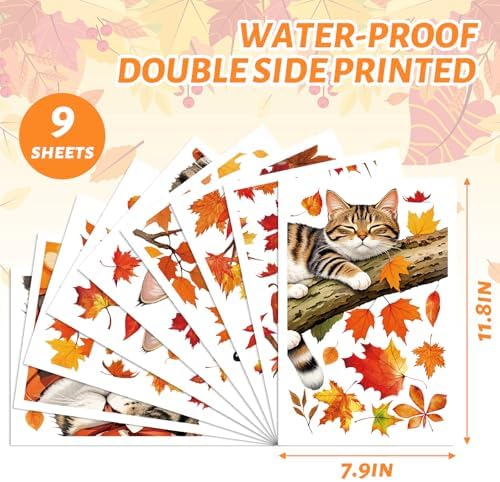 JarThenaAMCS 9 Sheets Hello Fall Window Clings Autumn Cat Maple Leaves Window Stickers Double-Sided Glass Decals for Thanksgiving Home Classroom Office Party Decoration