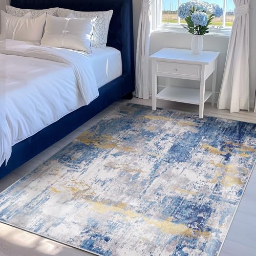 RELEANY Washable 4'x5' Abstract Area Rug for Living Room Blue Gold