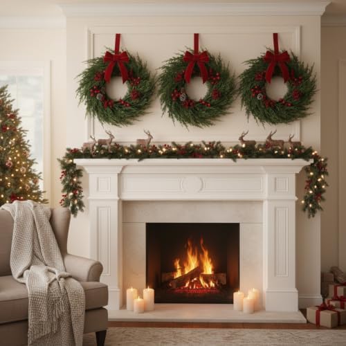 4 Pcs Mini Christmas Cedar with Berries Wreaths 12" Drop Wreath