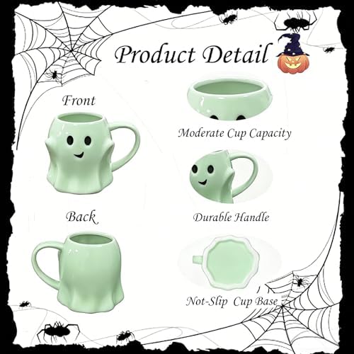 HS&ROXIN Halloween Ghost Mug 3D Cute Ghostface Novelty Coffee Mug Spooky Ceramic Ghost Cup Halloween Christmas Birthdays Party Gifts and Decorations for Kids Adult (Green)