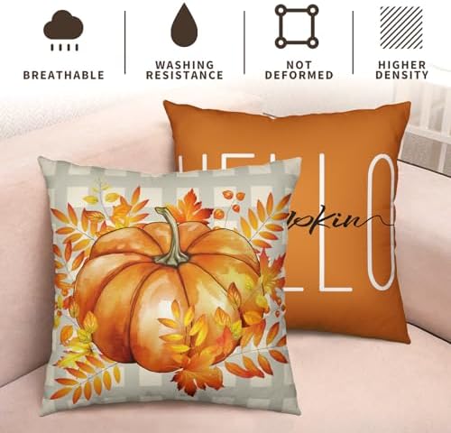 Fall Pillow Covers 24x24 Maple Leaf Pumpkin Farmhouse Decorative Pillow Covers Set of 2 Orange Plaid Autumn Linen Throw Pillow Covers Happy Fall Thanksgiving Pillow Cases for Sofa Home Decor