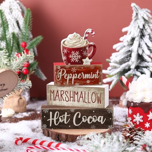 Moucuny 4 Pcs Hot Cocoa Wooden Signs Farmhouse Tiered Tray Decor