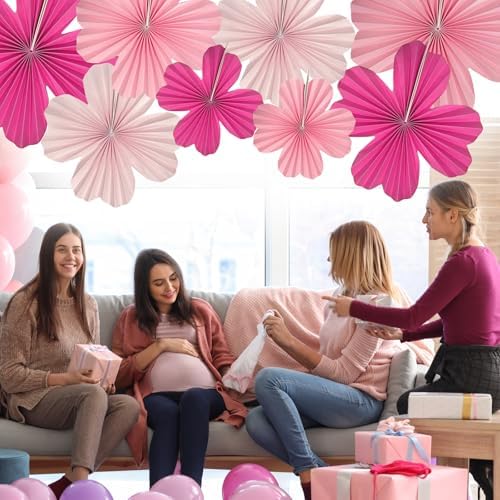 Pink Party Decorations Heart Shape Paper Flower Fans for Wall Hot Pink