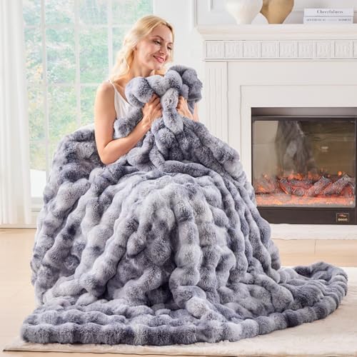 BENVWE Fluffy Faux Fur Throw Blanket for Couch - Soft, Plush, Thick, Cozy, Fuzzy Luxury Bubble Blanket for Home Living