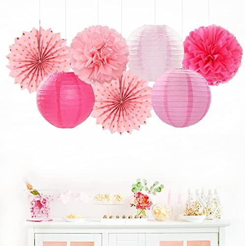 Rose Hot-Pink Valentines-Day Party-Decorations Streamers - 14pc Girl Birthday Baby Shower Paper Lanterns Fan,Tissue Pom Poms,Honeycomb Balls,Bachelorette Bridal Wedding Supplies Decor Lasting Surprise