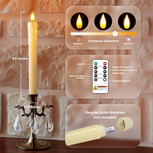Homemory Real Wax LED Flameless Taper Candles with Remote Timer, 9.6 Inches Ivory Fake Candlesticks, Dripless Battery Operated Window Candle with 3D Flickering Flame for Fireplace Xmas Halloween