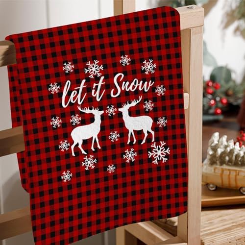 JOOCAR Red Deer Kitchen Towels Christmas Dish Towels Set of 2, 16x27 Inch Seasonal Witner Holiday Drying Dishcloth, Red Buffalo Plaid Decoration Hand Towels for Kitchen Bathroom
