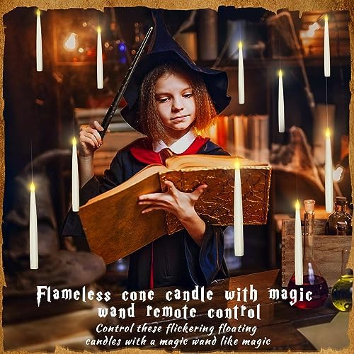 Boribim 20PCS Floating Candles with Wand, Magic Hanging Candles, Flickering Warm Light LED Taper Flameless Candles with Wand Remote, Battery Operated Window Candle for Halloween Decorations Best Gift
