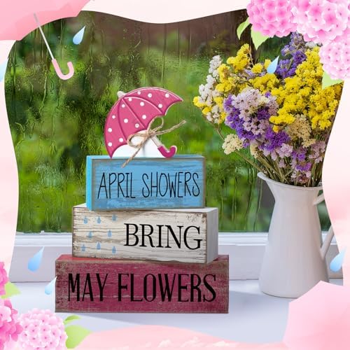 Moucuny 4 Pcs Spring Wooden Block Signs Farmhouse Table Decoration