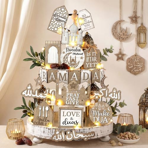Shellwei 20 Pcs Eid Mubarak Tiered Tray Decor Ramadan Mubarak Table Decor Rustic Wooden Tabletop Signs for Home Black and Gold Muslim Islam Centerpiece for Islamic Gifts Kareem Home Table