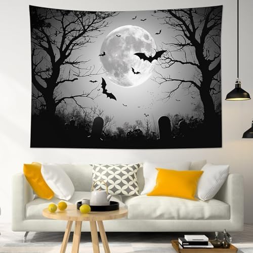 LB Horror Halloween Tapestry for Bedroom Black Bat Grey Full Moon Wall Tapestry Dead Tree and Tomb at Graveyard Wall Hanging Tapestries for Living Room College Dorm Wall Decor,92Wx70.5H inches