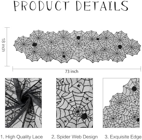 Halloween Table Runner Spiderweb Table Runner Black Lace Spider Web Table Runners for Halloween Table Decor Lace Runner for Tables Dinning Tables Centerpiece Decor Kitchen Dining Decoration 18x73 Inch