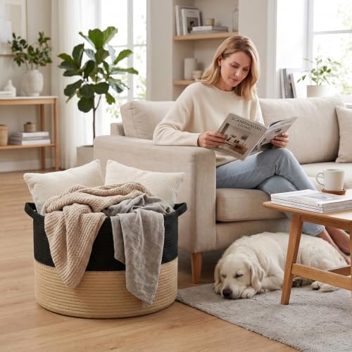 115L Extra Large Blanket Basket,Woven Laundry Basket-Black&Camel