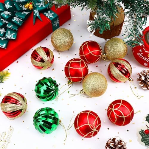 JULMELON 24Pcs Christmas Ball Ornaments, Red Green Gold Shatterproof Decor
